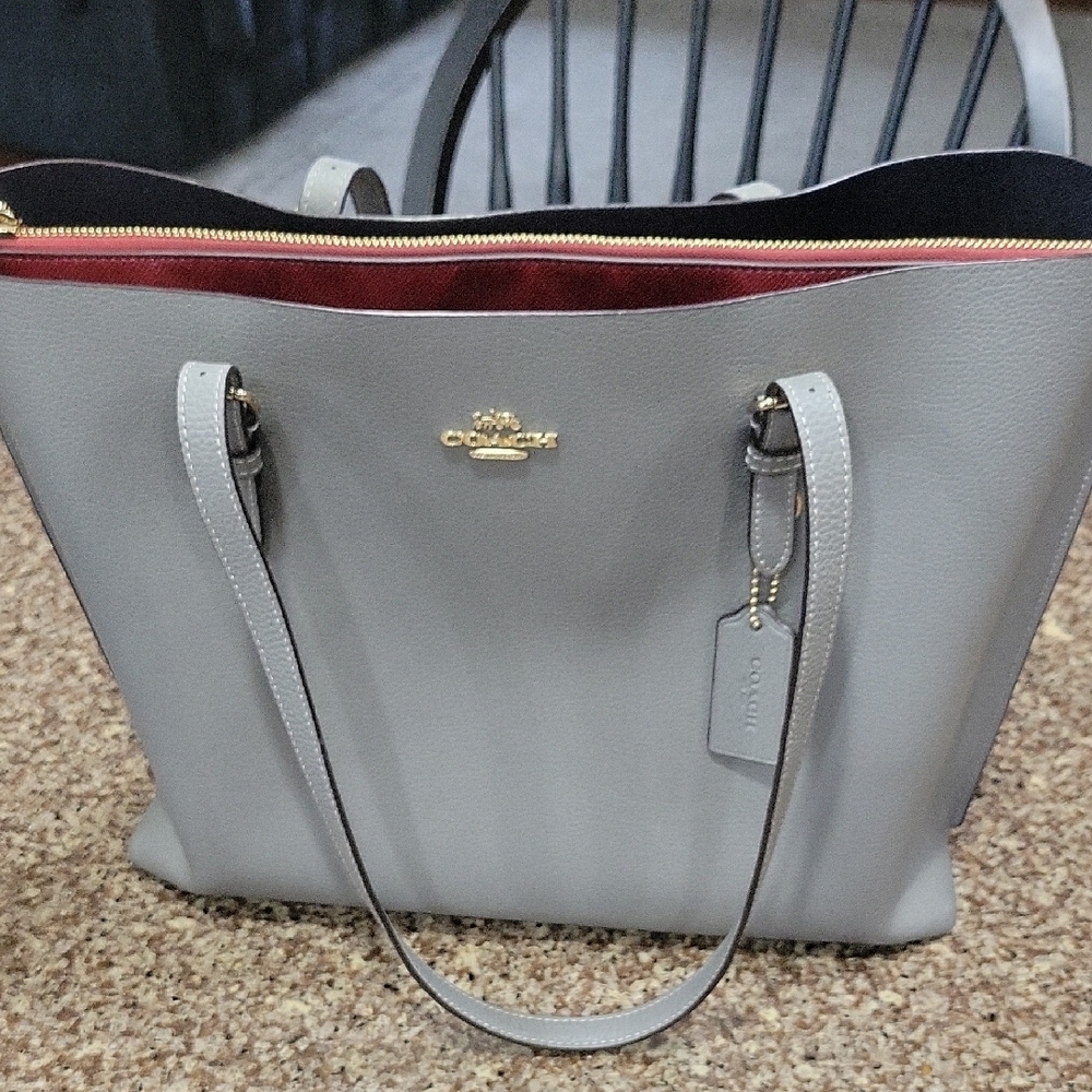 Coach Gray Pebbled Leather Tote with Gold Hardware